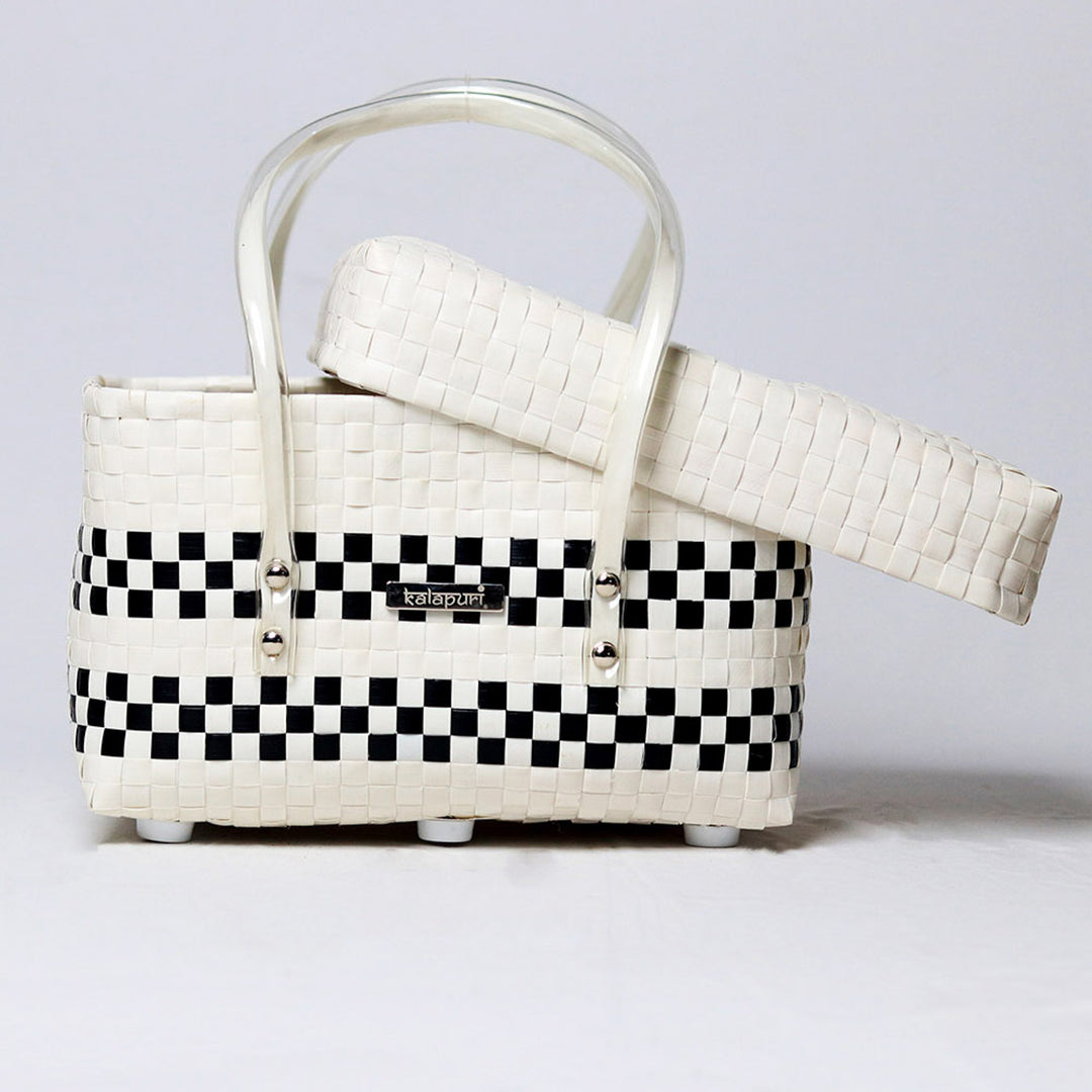 Handwoven Black & White Organiser Basket With Lid