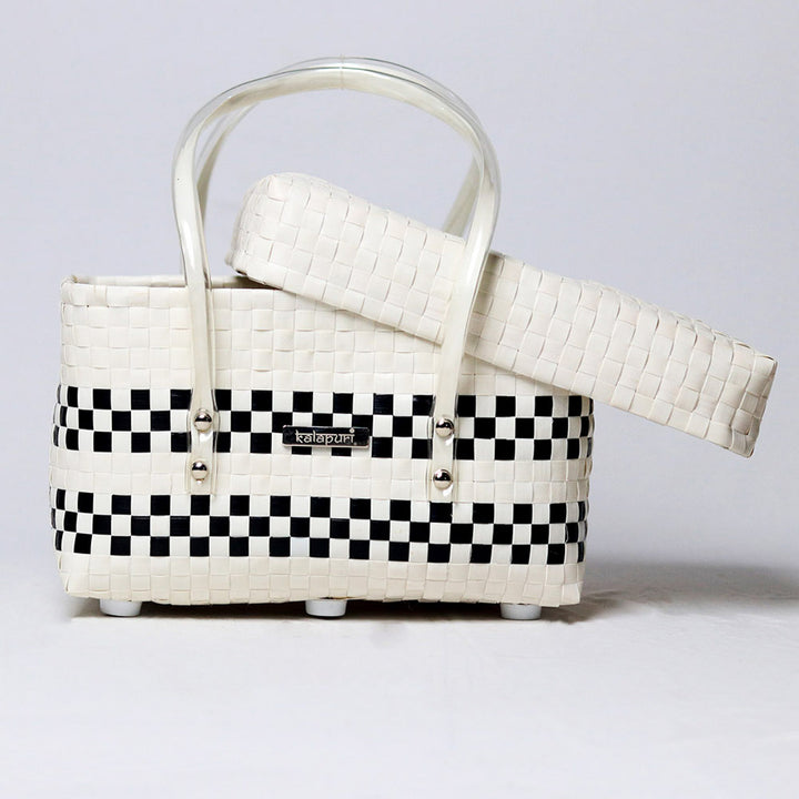 Handwoven Black & White Organiser Basket With Lid