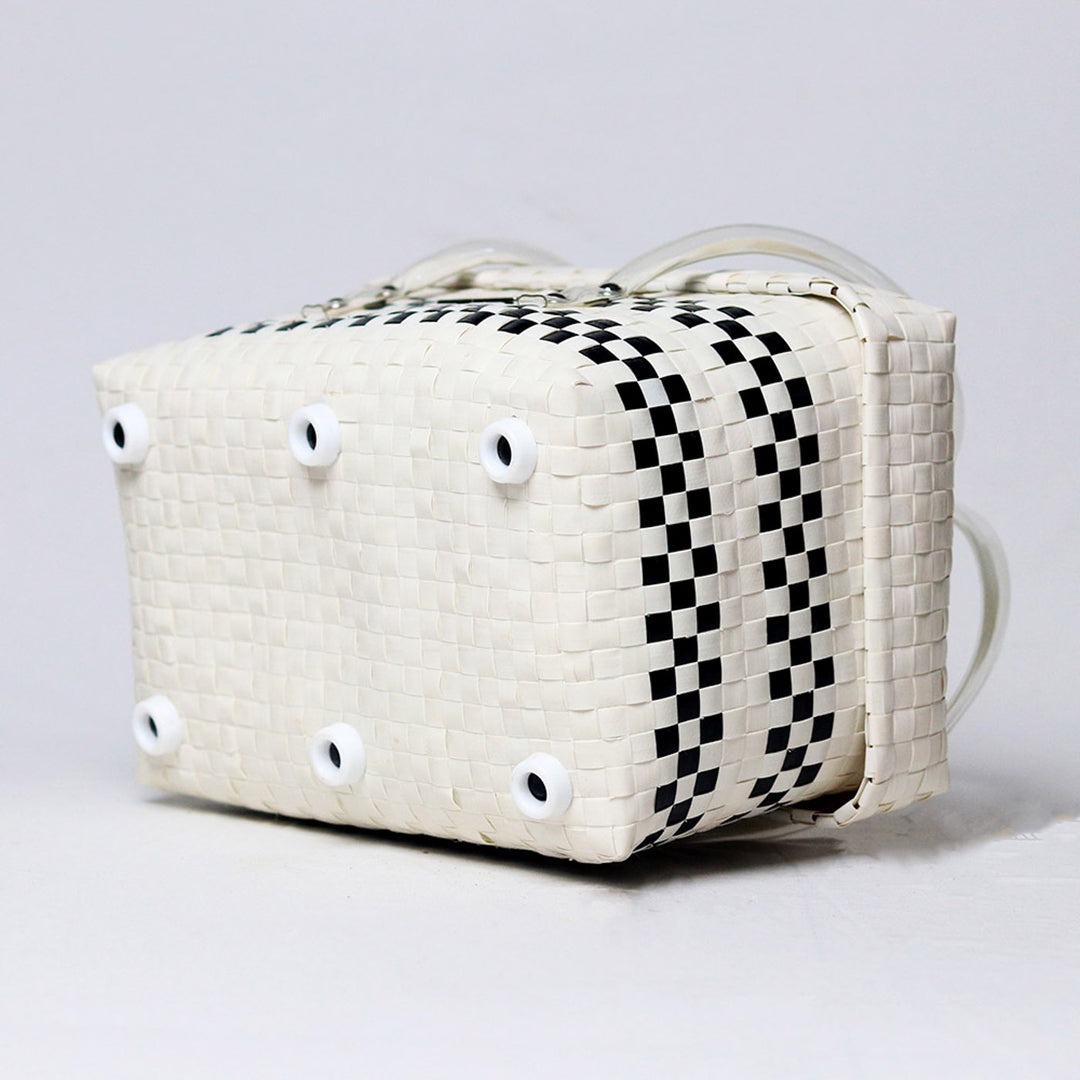 Handwoven Black & White Organiser Basket With Lid