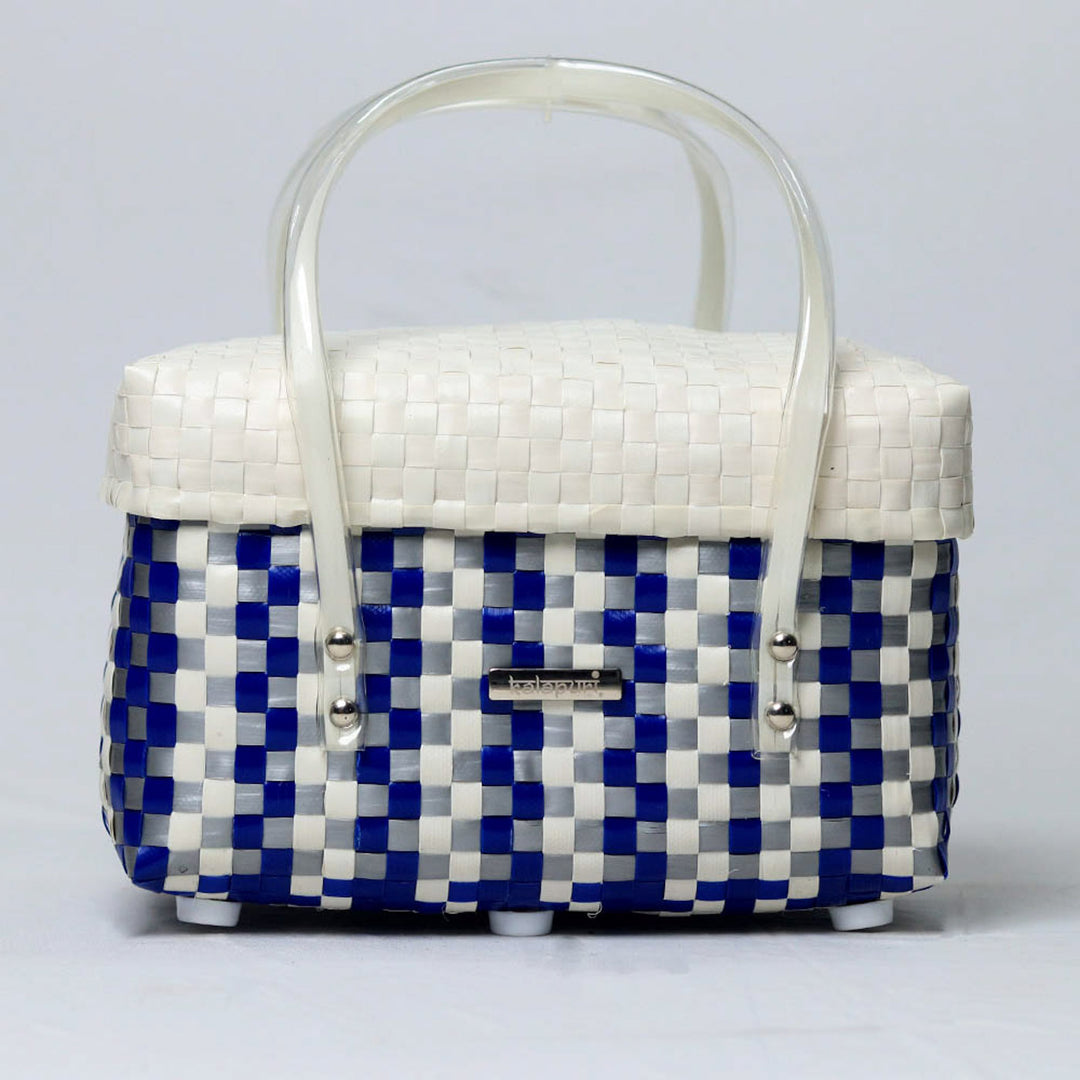 Handwoven Blue & White Multipurpose Organiser Basket With Lid