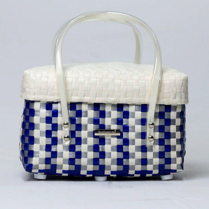 Handwoven Blue & White Multipurpose Organiser Basket With Lid