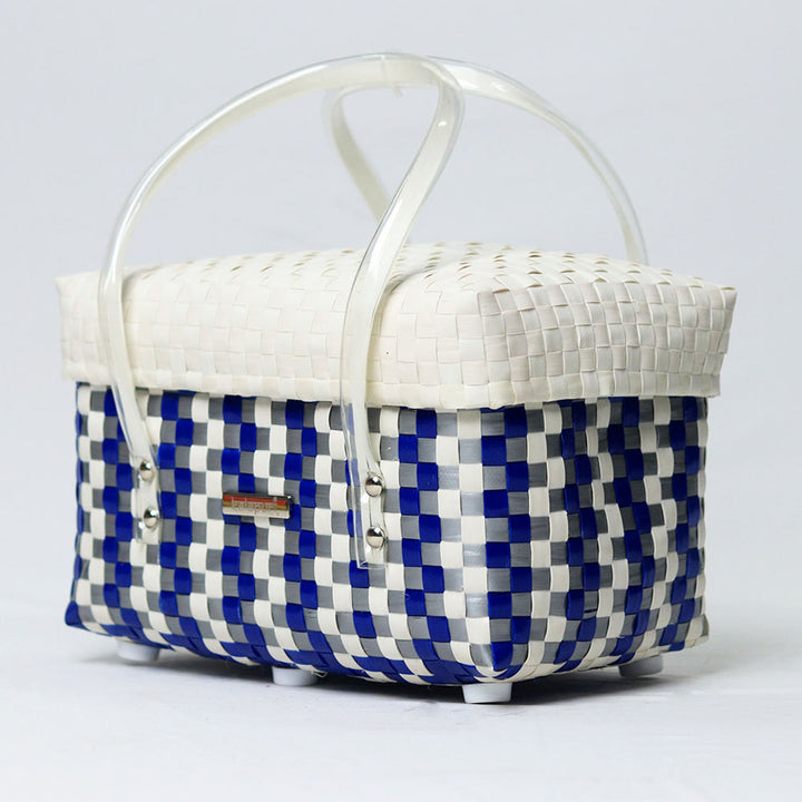 Handwoven Blue & White Multipurpose Organiser Basket With Lid
