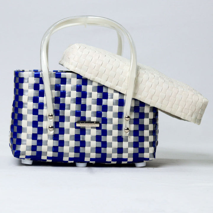 Handwoven Blue & White Multipurpose Organiser Basket With Lid