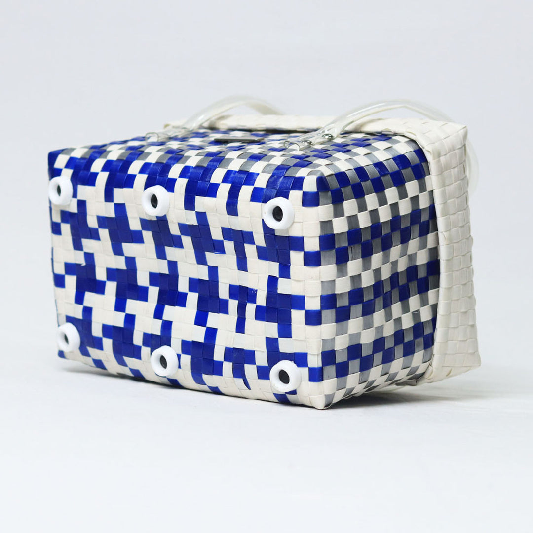 Handwoven Blue & White Multipurpose Organiser Basket With Lid