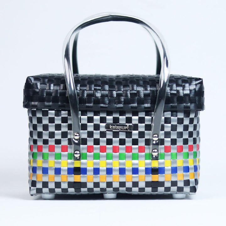 Handwoven Multicolor Utility Compact Organiser Basket With Black Lid