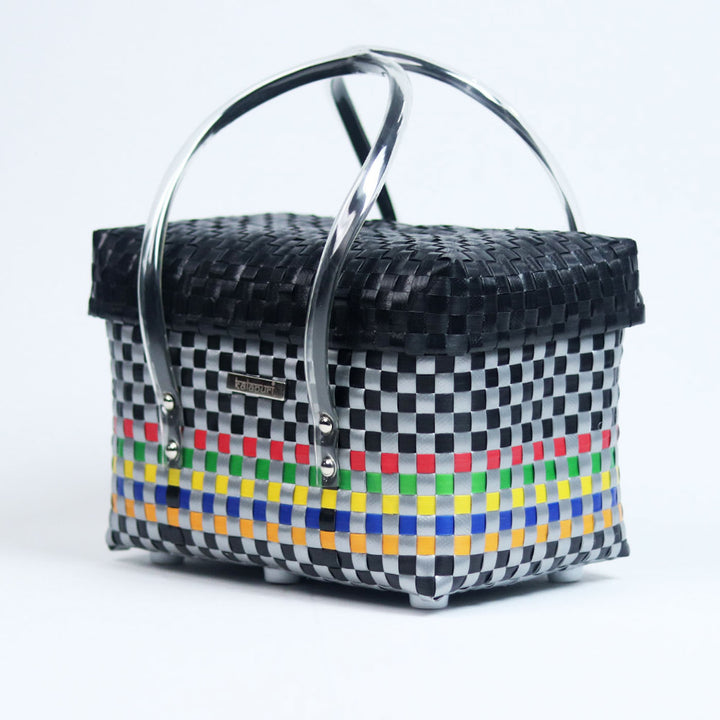 Handwoven Multicolor Utility Compact Organiser Basket With Black Lid
