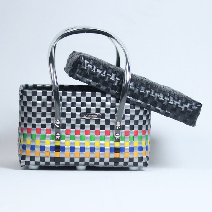 Handwoven Multicolor Utility Compact Organiser Basket With Black Lid