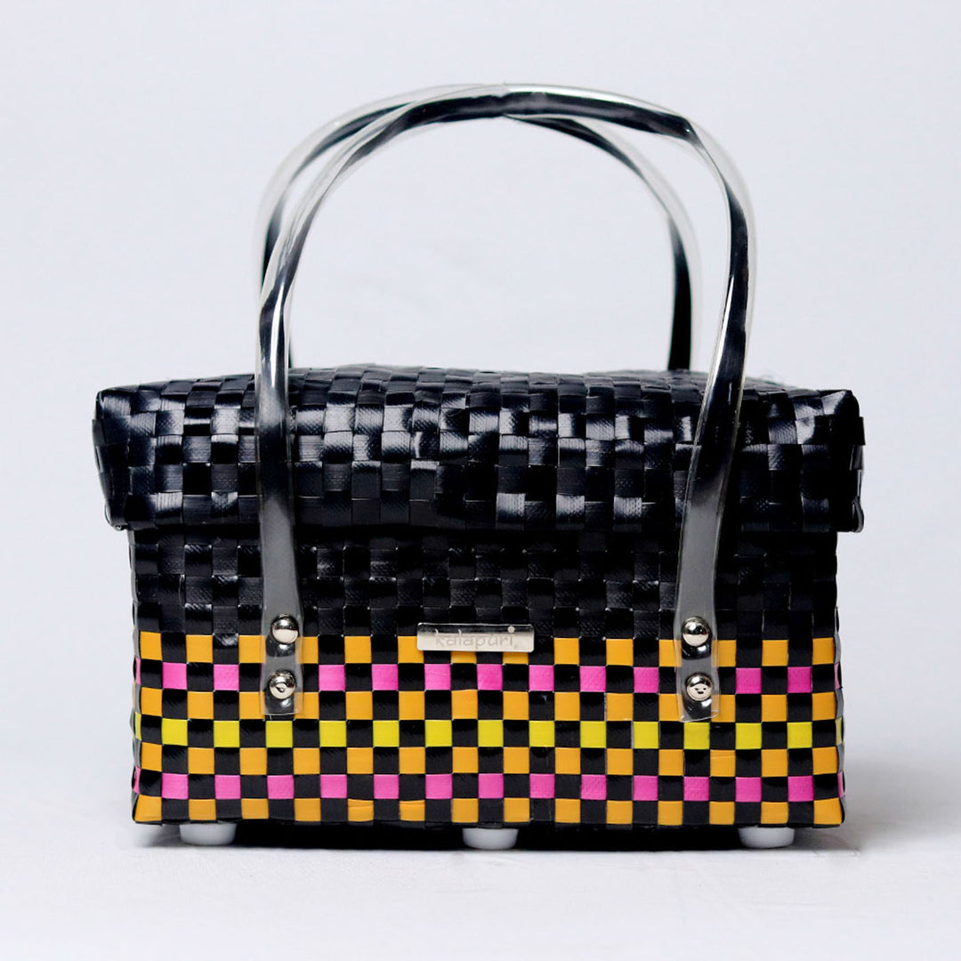 Handwoven Black Utility Organiser Basket With Colour Stripes