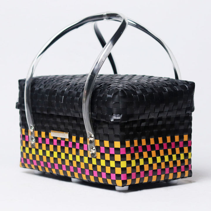 Handwoven Black Utility Organiser Basket With Colour Stripes