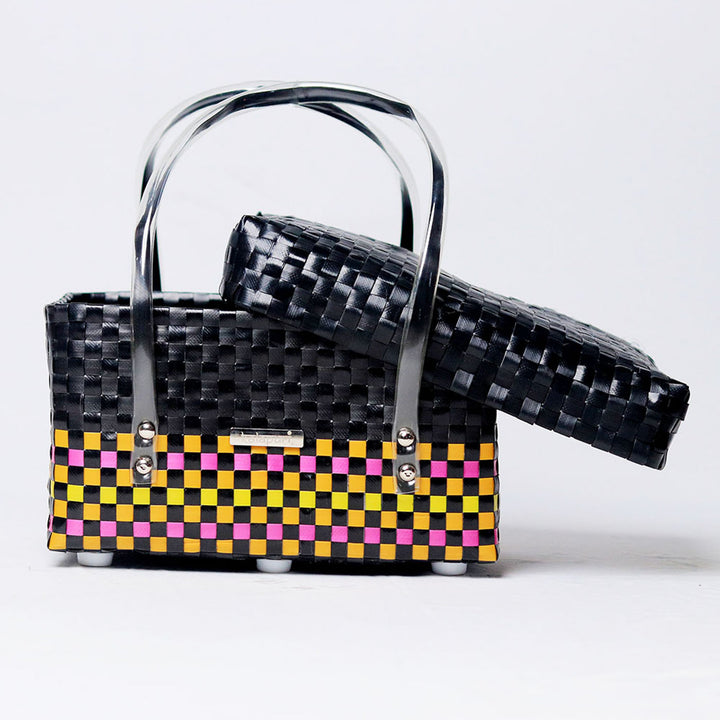 Handwoven Black Utility Organiser Basket With Colour Stripes