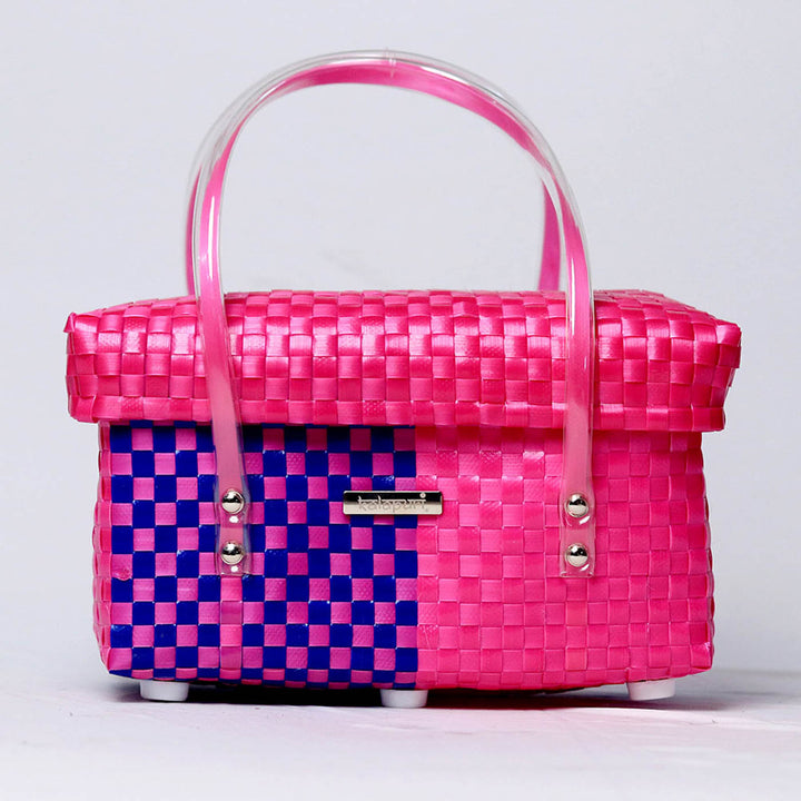 Handwoven Pink & Blue Multipurpose Organiser Basket With Lid