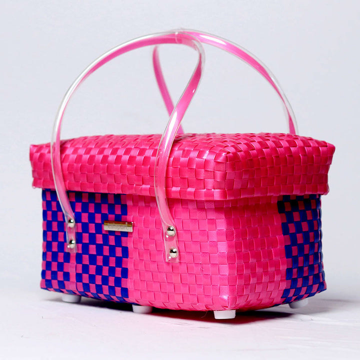 Handwoven Pink & Blue Multipurpose Organiser Basket With Lid