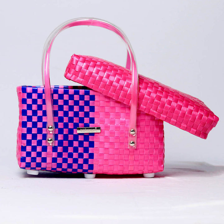 Handwoven Pink & Blue Multipurpose Organiser Basket With Lid