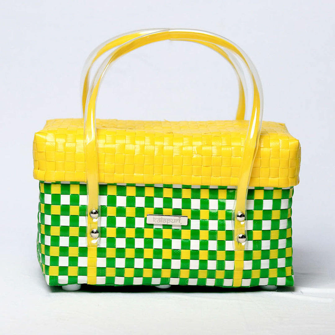 Handwoven Green & Yellow Utility Organiser Basket With Lid