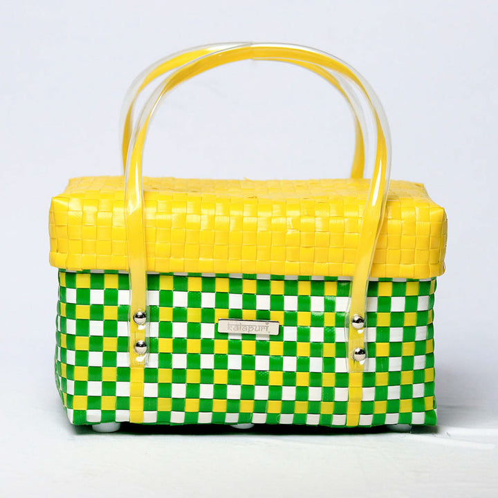 Handwoven Green & Yellow Utility Organiser Basket With Lid