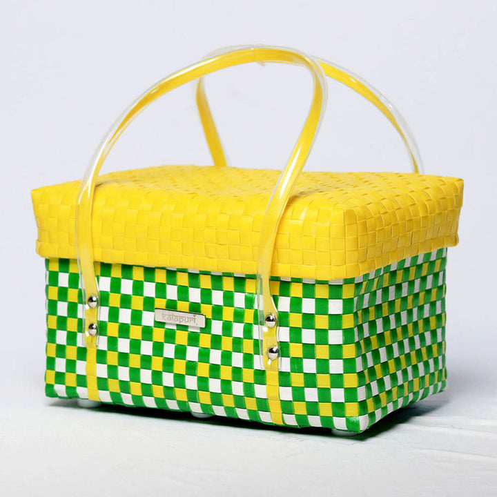 Handwoven Green & Yellow Utility Organiser Basket With Lid