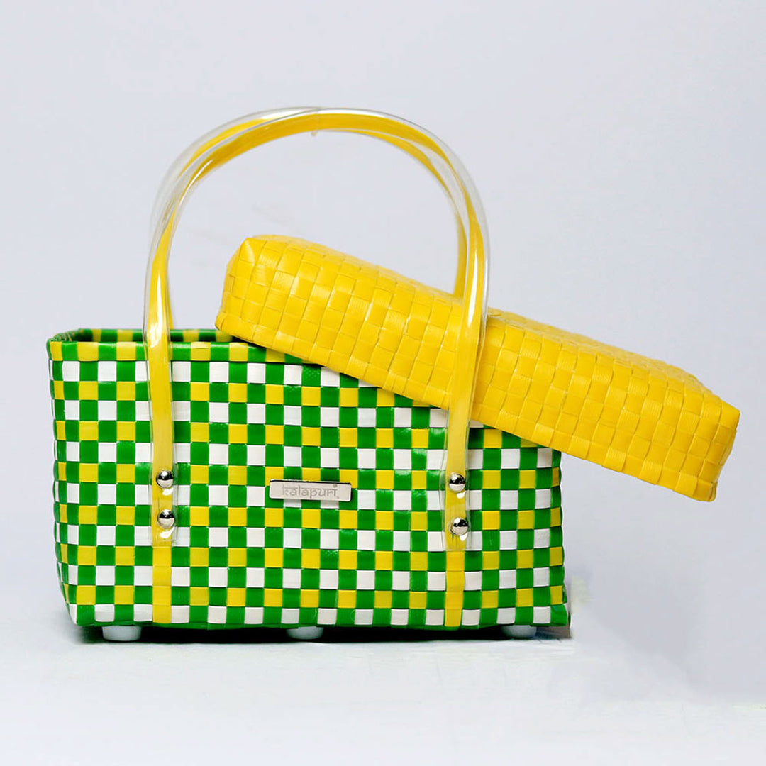 Handwoven Green & Yellow Utility Organiser Basket With Lid