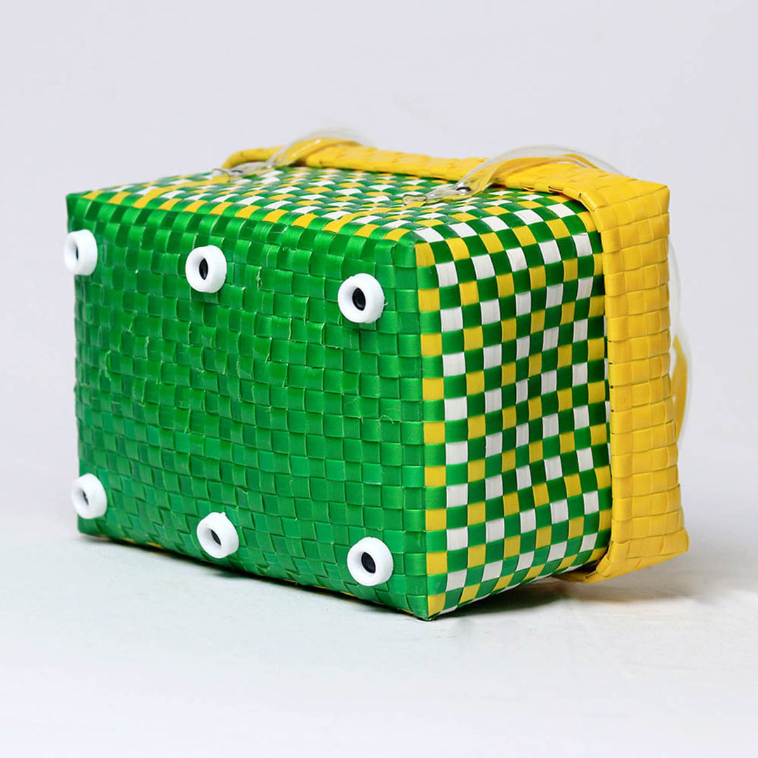 Handwoven Green & Yellow Utility Organiser Basket With Lid