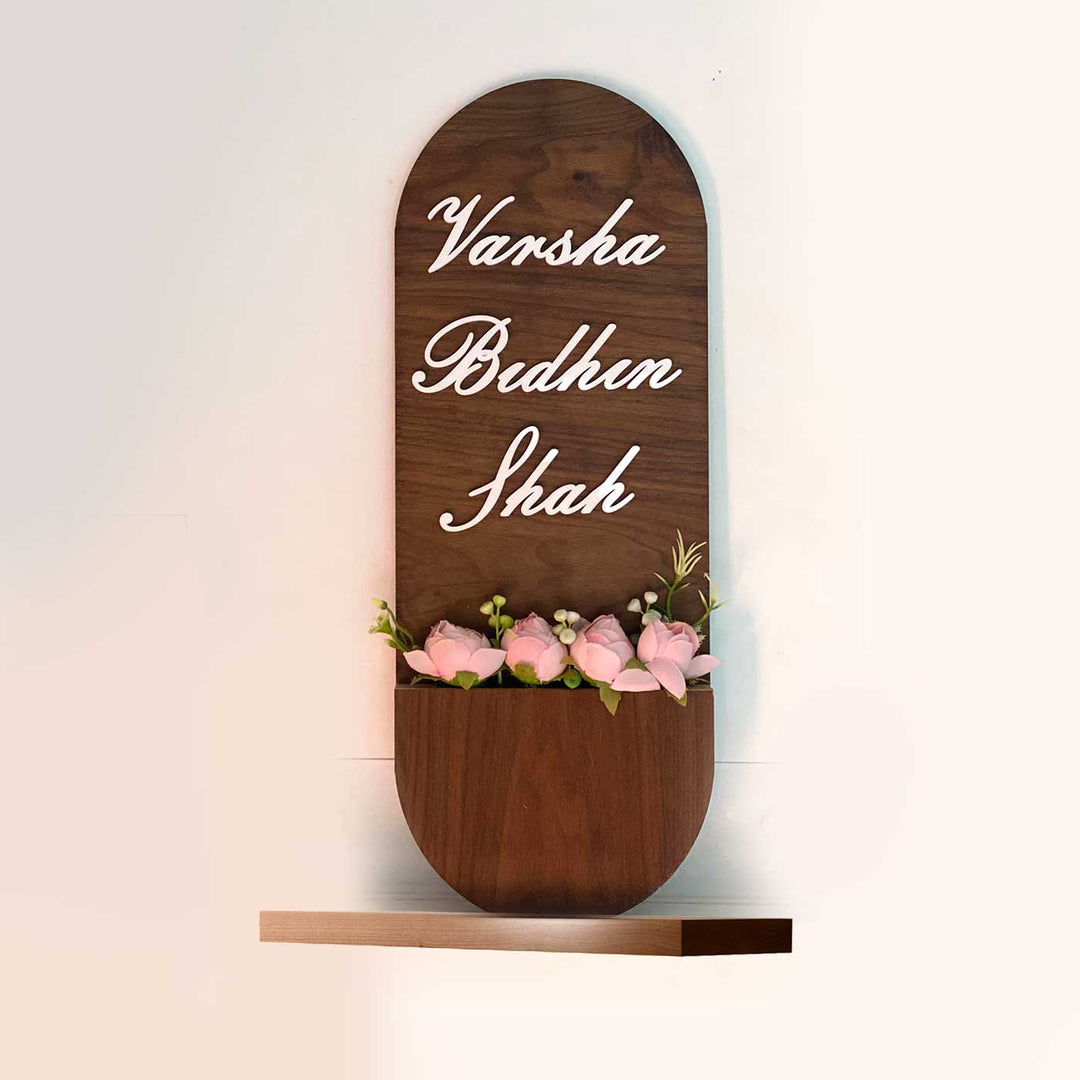 Tall Arched Wooden Name Plate with Floral Basket & 3D Letters