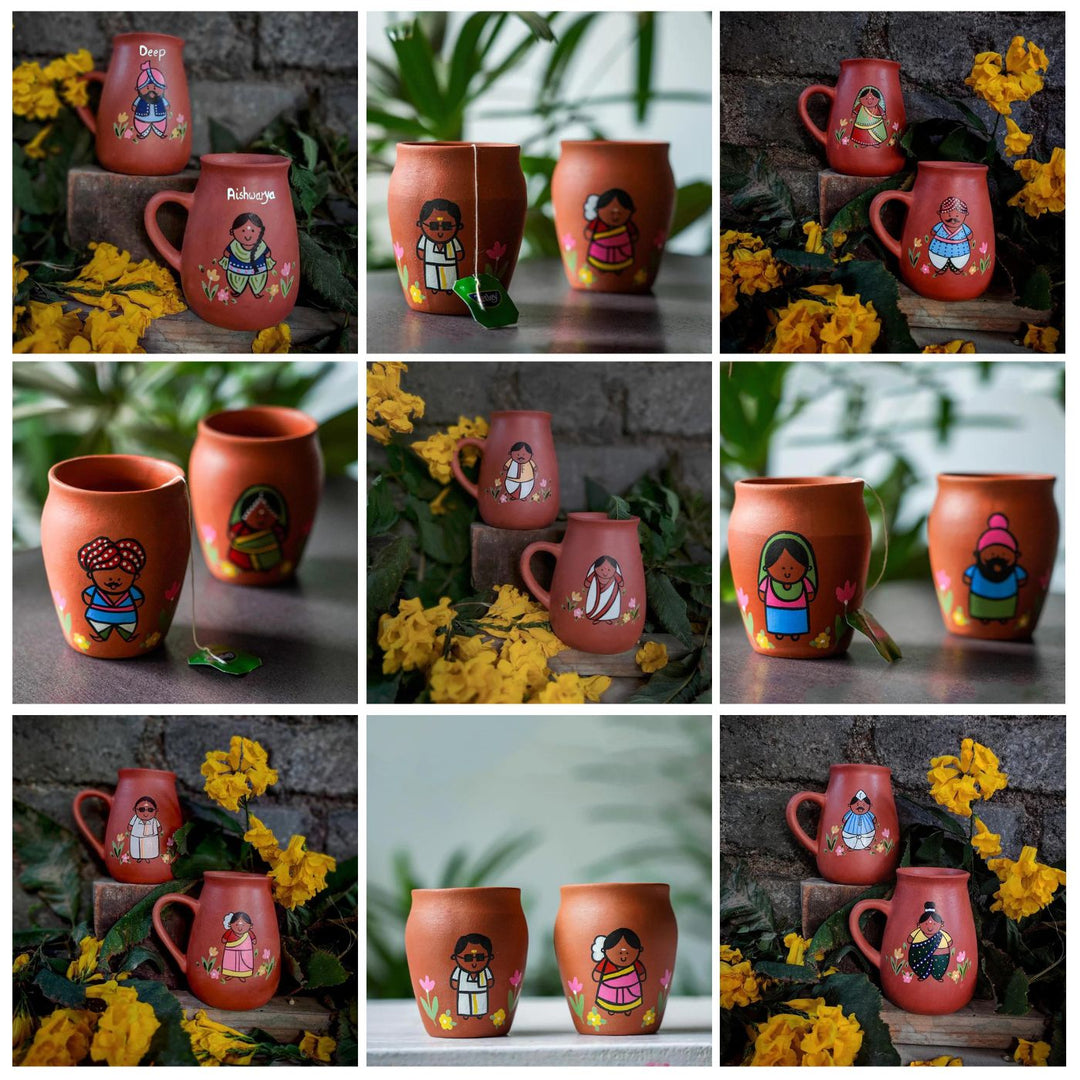 Handpainted Clay Mugs with Regional Characters For Couples & Wedding Gifts
