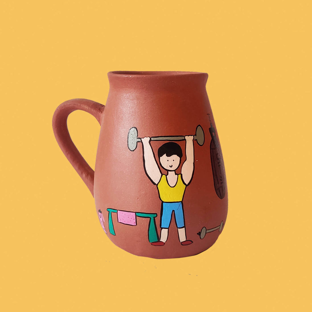 Handpainted Terracotta Mug With Fitness Enthusiast Avatar Illustrations