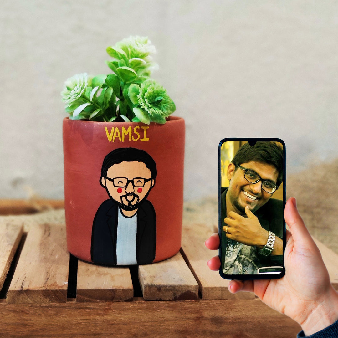 Handpainted Personalized Clay Planter With Photo Based Single Caricature