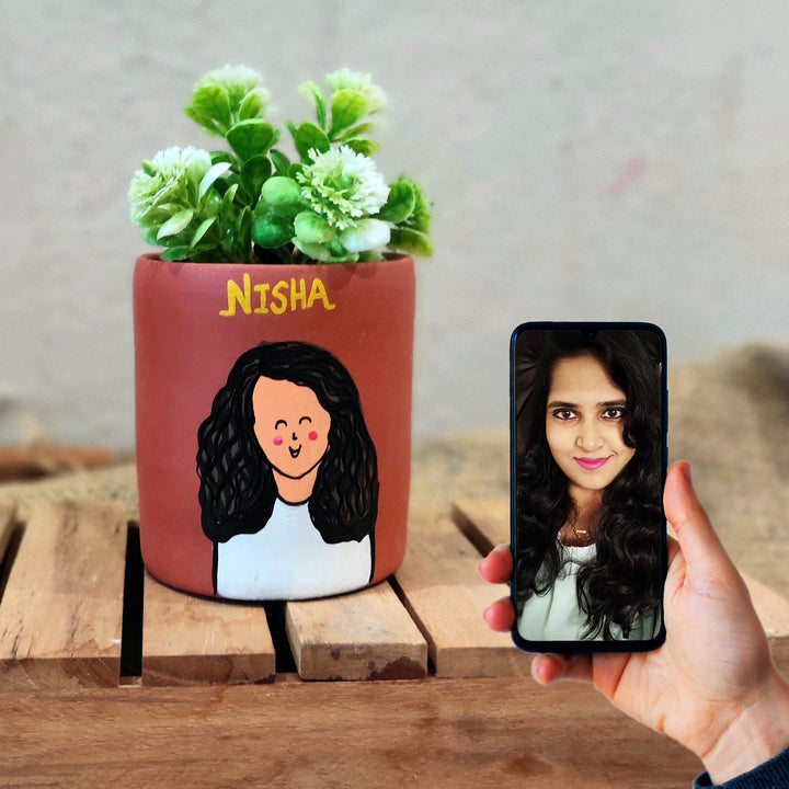 Handpainted Personalized Clay Planter With Photo Based Single Caricature