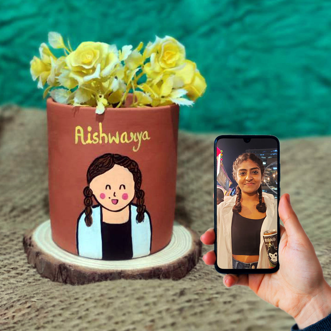 Handpainted Personalized Clay Planter With Photo Based Single Caricature