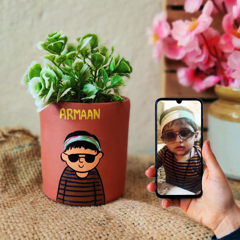 Handpainted Personalized Clay Planter With Photo Based Single Caricature