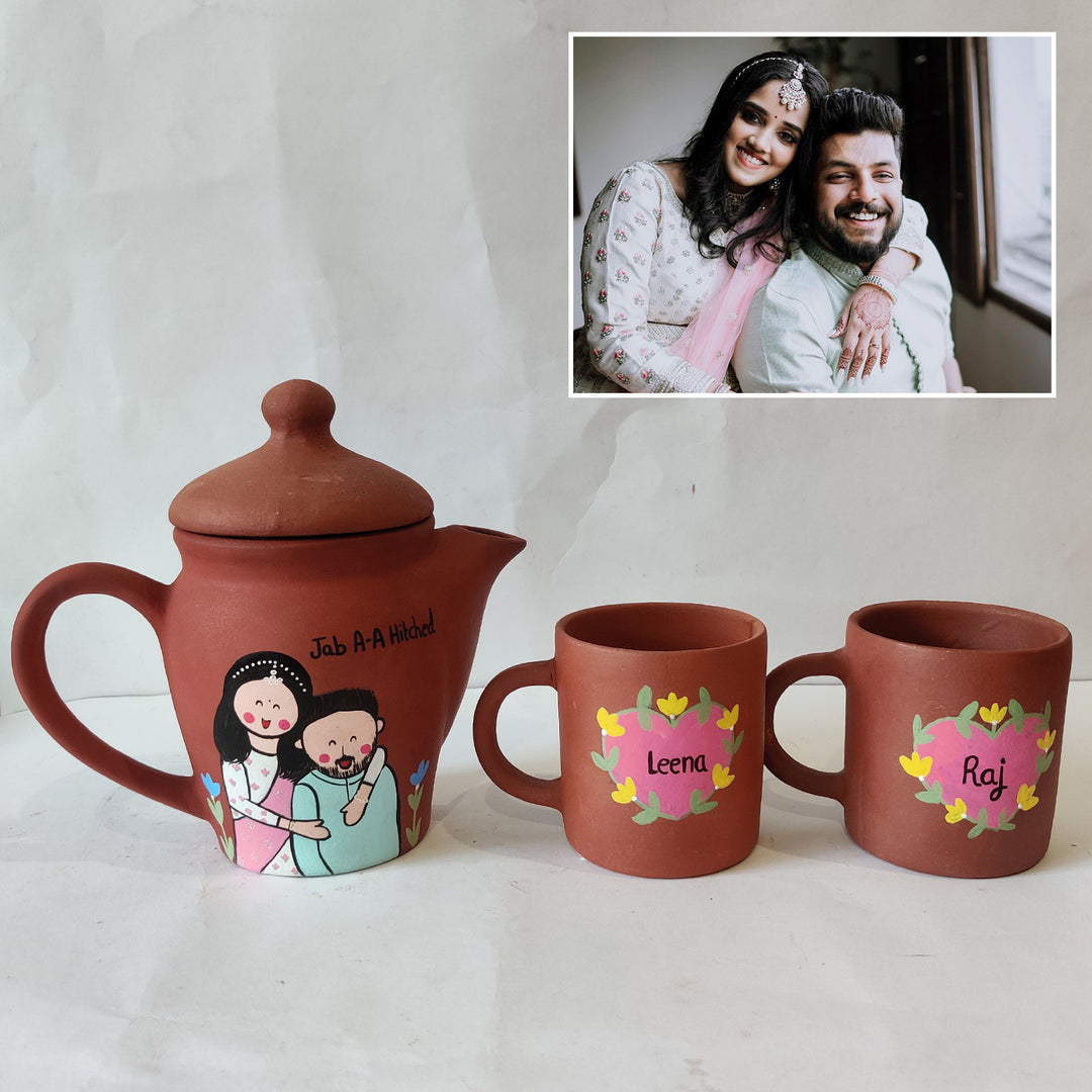 Handpainted Clay Teaset With Photo Based Caricature For Couples