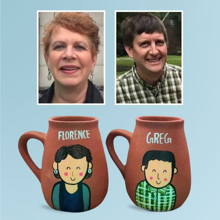 Personalised Terracotta Mugs with Photo Based Caricatures for Couples