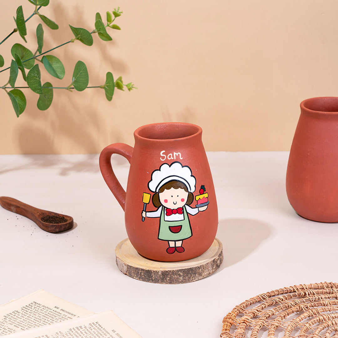 Handpainted Terracotta Mug With Chefs / Bakers Avatar Illustrations