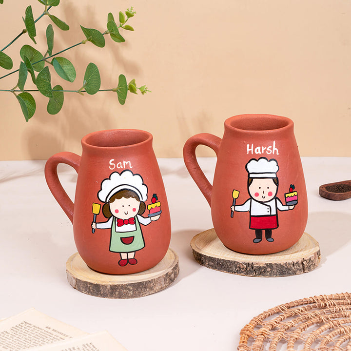 Handpainted Terracotta Mug With Chefs / Bakers Avatar Illustrations