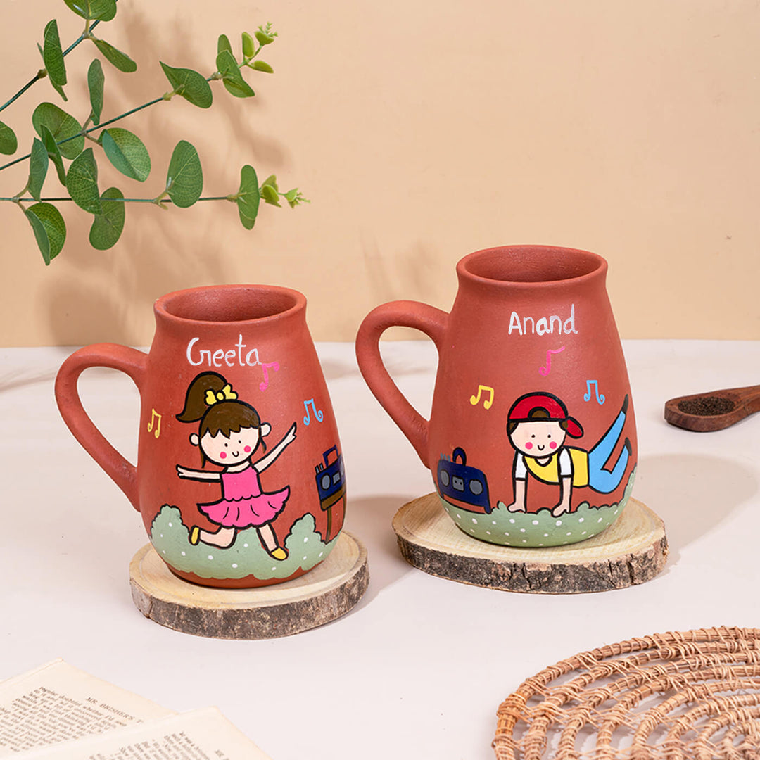 Handpainted Terracotta Mug With Dancers Avatar Illustrations