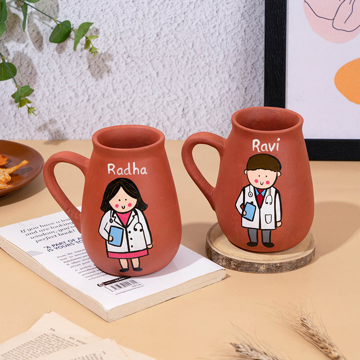 Handpainted Terracotta Mug With Doctors Avatar Illustrations