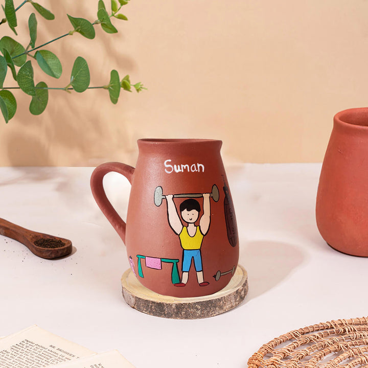 Handpainted Terracotta Mug With Fitness Enthusiast Avatar Illustrations