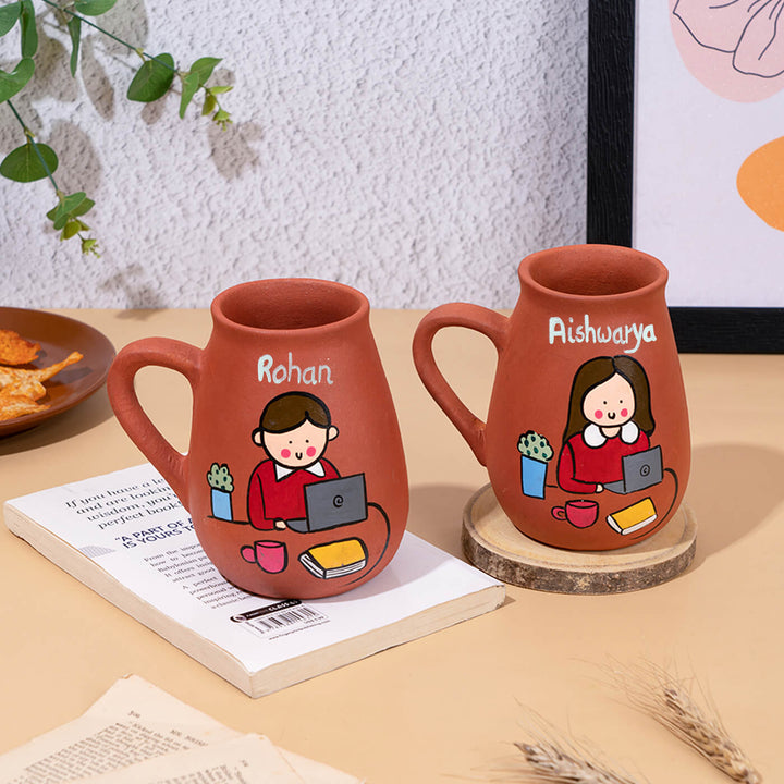Handpainted Terracotta Mug With Working Professionals Avatar Illustrations