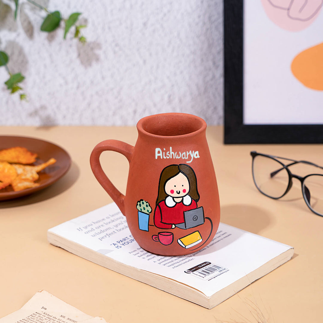 Handpainted Terracotta Mug With Working Professionals Avatar Illustrations