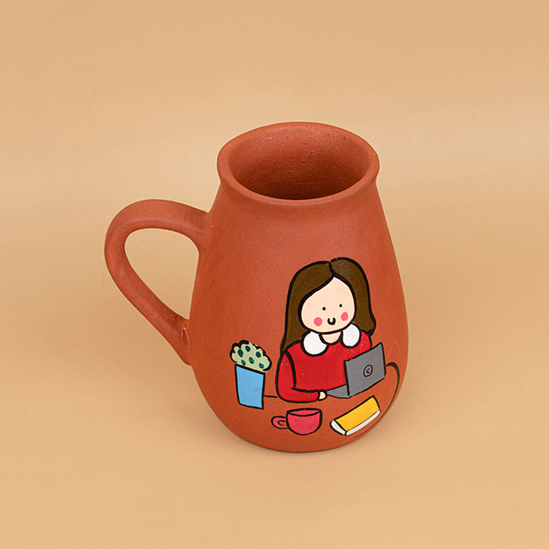 Handpainted Terracotta Mug With Working Professionals Avatar Illustrations