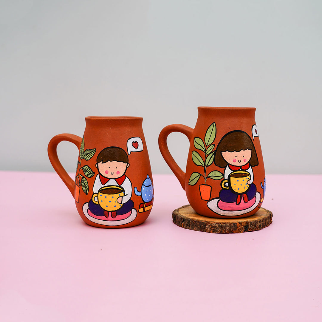 Handpainted Terracotta Mug With Tea / Coffee Lovers Avatar Illustrations