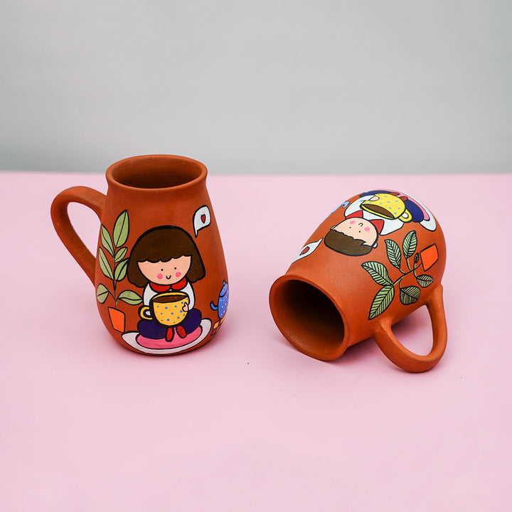 Handpainted Terracotta Mug With Tea / Coffee Lovers Avatar Illustrations