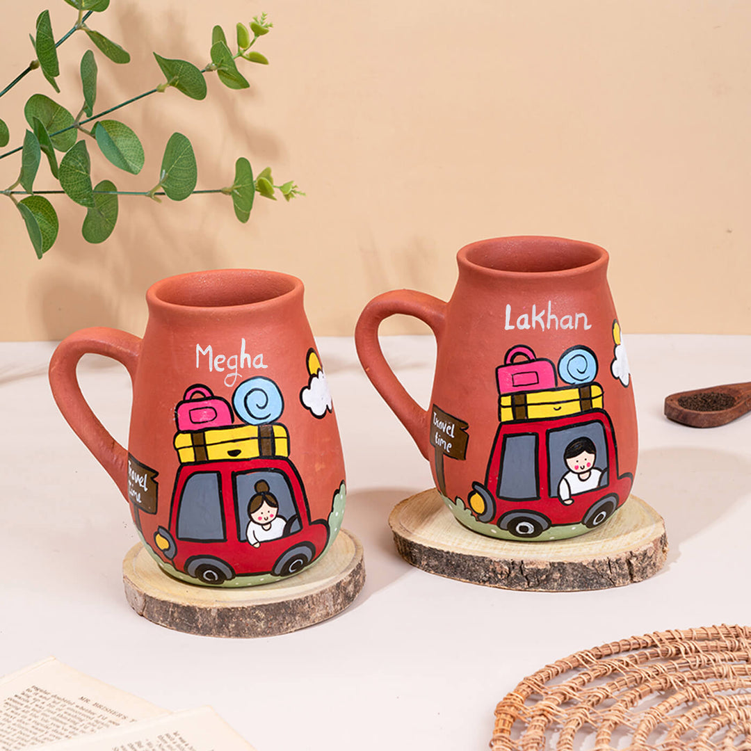 Handpainted Terracotta Mug With Travellers Avatar Illustrations