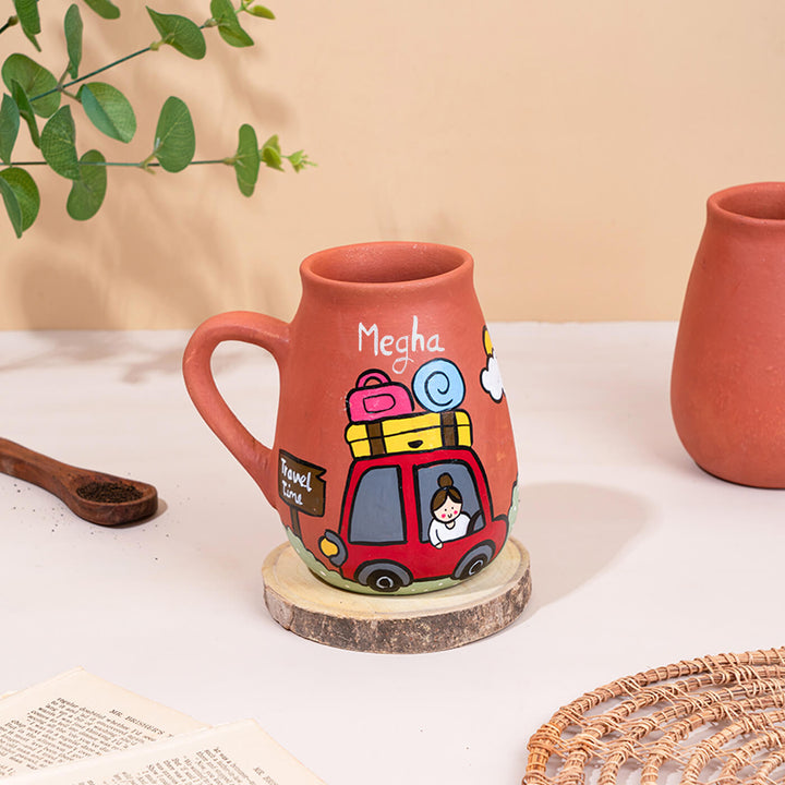 Handpainted Terracotta Mug With Travellers Avatar Illustrations