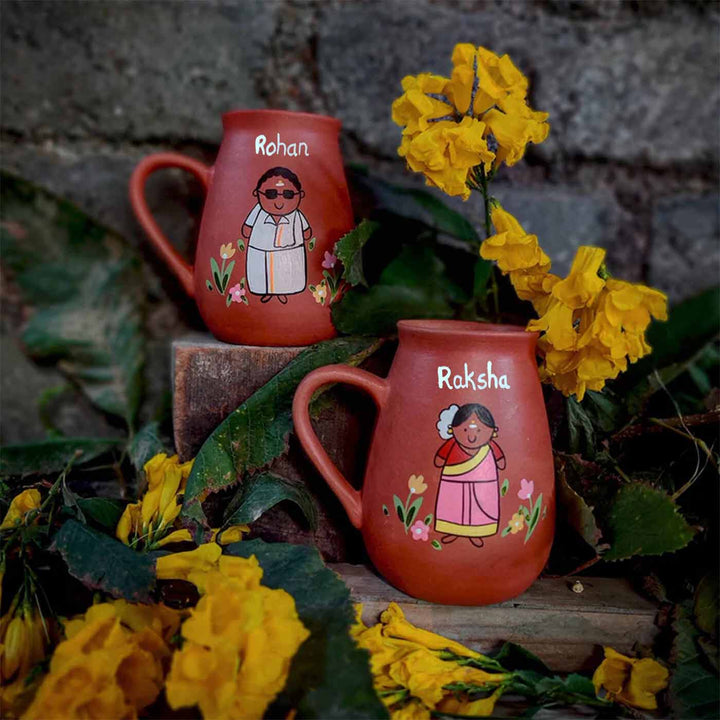 Handpainted Clay Mugs with Regional Characters For Couples & Wedding Gifts