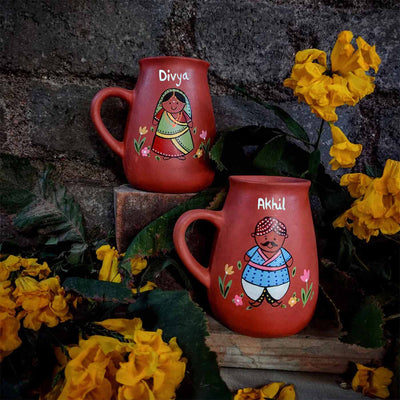Handpainted Clay Mugs with Regional Characters For Couples & Wedding Gifts