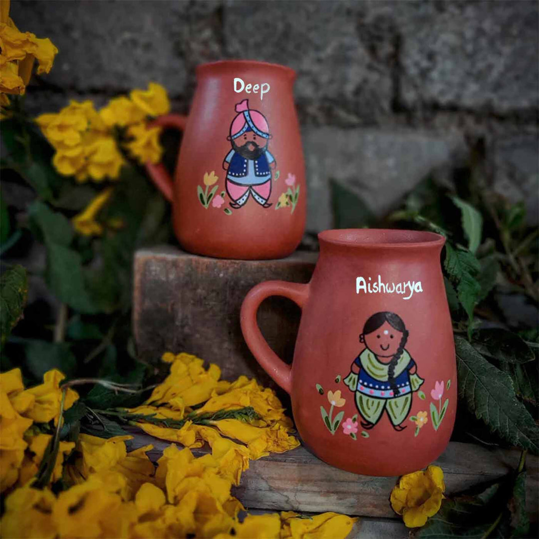 Handpainted Clay Mugs with Regional Characters For Couples & Wedding Gifts