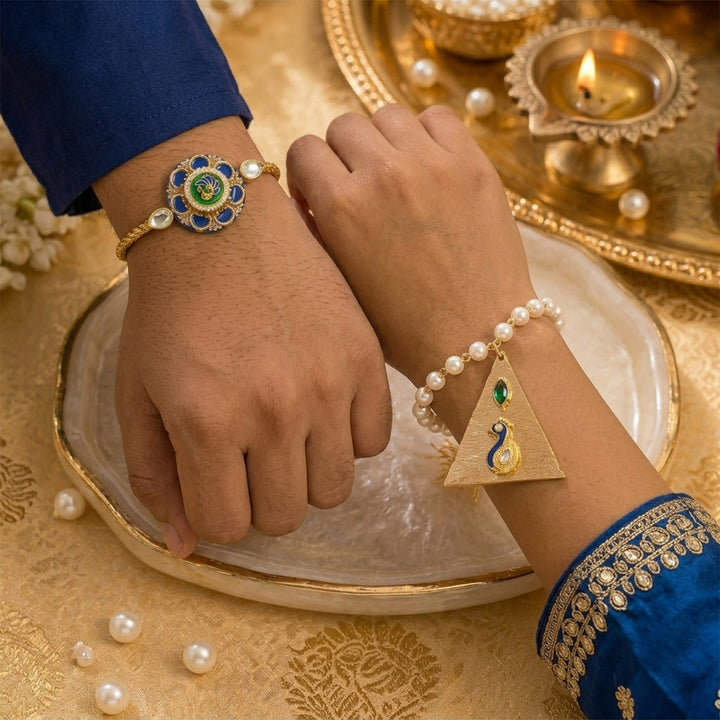 Royal Blue Peacock Pearl Lumba Bracelet Rakhi Set With Roli Chawal For Bhaiya And Bhabhi