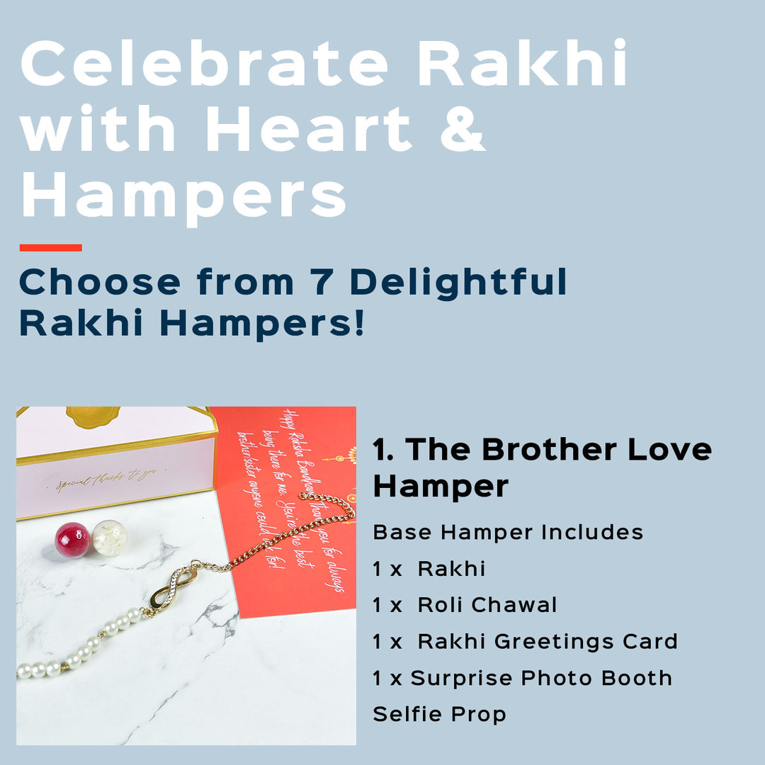 Beaded Infinity Pearl And Stone Bracelet Rakhi Hamper With Chocolates And Roli Chawal For Brother Customizable Options Includes Up To 7 Goodies - Hamper description text example