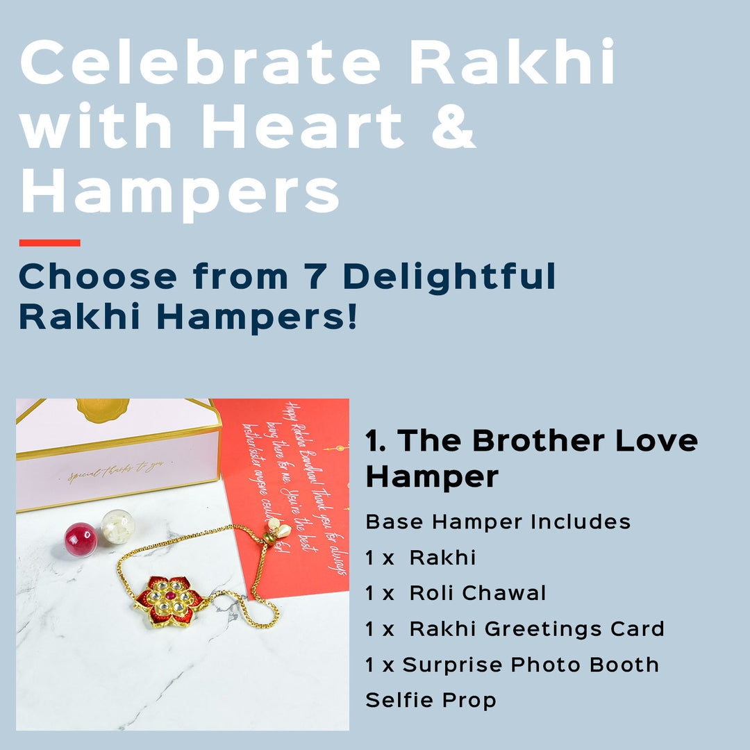 Red Floral Pearl And Stone Bracelet Rakhi Hamper With Chocolates And Roli Chawal For Brother Customizable Options Includes Up To 7 Goodies - Hampers Overview Graphic