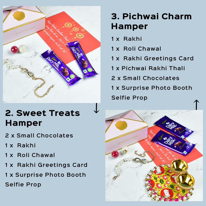 Beaded Infinity Pearl And Stone Bracelet Rakhi Hamper With Chocolates And Roli Chawal For Brother Customizable Options Includes Up To 7 Goodies - Hamper content details with products